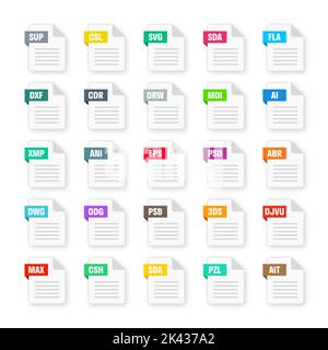 Gängige Systemdateiformate. Dokumenttypen und Erweiterungen. Flache Ikonen-Kollektion. Dokument-Piktogramm, Web-Design-UI-Element, Vorlage. Computer Stock Vektor