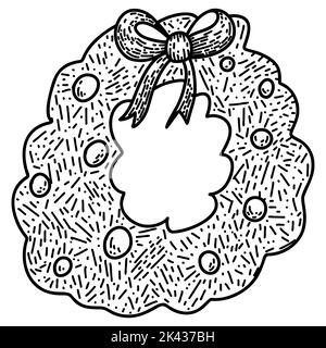 Kranz mit Weihnachtskugeln und Schleife im Cartoon-Doodle-Stil Stock Vektor