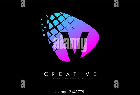 Buchstabe V-Design mit bunten rosa und blau zerschmetterte Blöcke Vektor-Illustration. Pixelkunst des V-Buchstabens-Logos. Stock Vektor