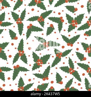 Nahtloses Muster mit Holly-Beere und Blättern. Hintergrund für Weihnachten und Neujahr Stock Vektor