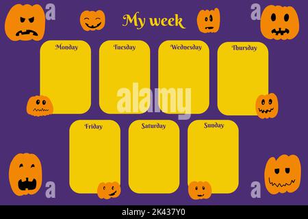 Wochenplaner Kinder Vorlage mit gruseligen Kürbis. Cartoon halloween lustige Charaktere. Bunte Vektorgrafik für stationär, Zeitplan, Liste Stock Vektor