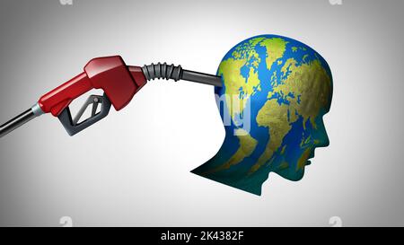 Energie globale Geisel mit einer Gaspumpe wie eine Waffe auf den Kopf geformt wie die Welt als Umwelt- oder Klima-Konzept mit Erdöl Stockfoto