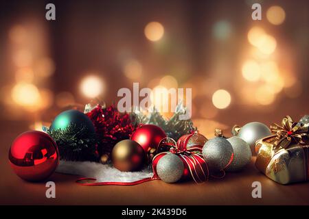 Weihnachtsfeiertage Hintergrund mit Platz für den Text. Kugeln und Geschenke. Stockfoto