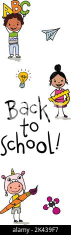 Zurück in die Schule - niedliche Jungen und Mädchen mit Schulbedarf wie Zapfen, Lineale, Bleistifte, Pinsel - aufgeregt, um wieder in die Schule zu gehen - bunt von Hand gezeichnet Stock Vektor