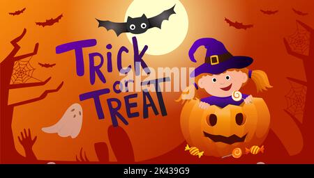 Halloween Trick or Treat Banner Design. Banner für Social Media Post, Flyer oder Poster. Trick or treat mit niedlichen Hexen Mädchen, Süßigkeiten, Kürbis und Fledermäuse auf orangefarbenem Hintergrund. Gruselige Vektorgrafik. Stock Vektor