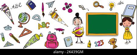 Zurück in die Schule - nette Mädchen neben einer Tafel mit Schulbedarf mit Linealen, Bleistiften, Bürsten und ABC - bunte handgezeichnete Karikatur für Stock Vektor