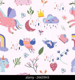 Nahtloses Muster mit magischem Einhorn, farbenprächtiger Vogel, Wolke, wilden Blumen und Blättern. Helles Muster kann als Textil, Verpackung, Tapete, Banner und andere verwendet werden. Vektorgrafik. Stock Vektor