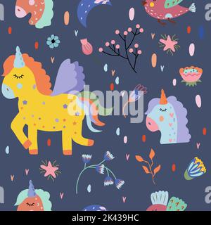 Nahtloses Muster mit magischem Einhorn, bunten Blumen und Blättern, Kopf Einhorn. Niedliches Muster mit Einhorn kann als Textil, Stoff, Tapete, Banner und andere verwendet werden. Vektorgrafik. Stock Vektor