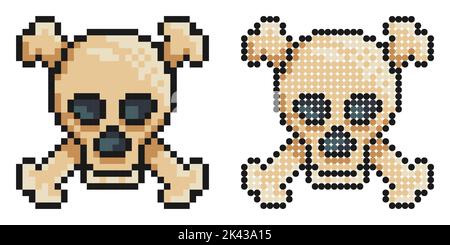 Pixelsymbol. Schädel mit Kreuzknochen, Symbol der Gefahr und Bedrohung für Leben und Gesundheit. Einfache Retro-Spiel Vektor isoliert auf weißem Hintergrund Stock Vektor