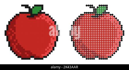 Pixelsymbol. Rote reife Apfelfrüchte. Exotische Früchte. Herbsternte. Einfache Retro-Spiel Vektor isoliert auf weißem Hintergrund Stock Vektor