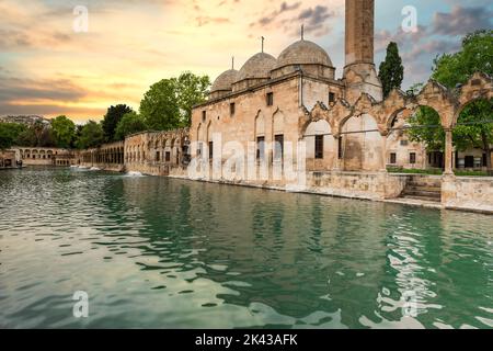 Balikligol (der Fischsee auf Englisch) in Sanliurfa, Türkei, mit Sonnenuntergang am Himmel. Der historische Pool von Abraham oder der Pool des Heiligen Fischs in der Stadt Urfa, Stockfoto