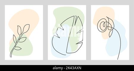Abstrakt geformte Blätter. Minimalistische Kunst, moderne Modeformen. Durchgehende Linie. Von Hand gezeichnete Blätter Vektorset. Illustration Grafik Zeichnung Linie weich b Stock Vektor