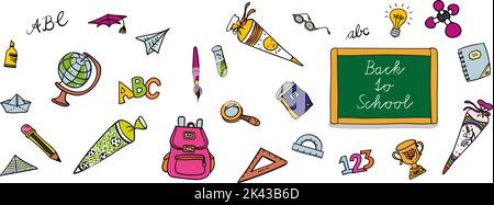 Zurück in die Schule - Tafel mit Schulbedarf mit Linealen, Bleistiften, Bürsten und ABC - - bunte handgezeichnete Karikatur für horizontale Banner oder Stock Vektor