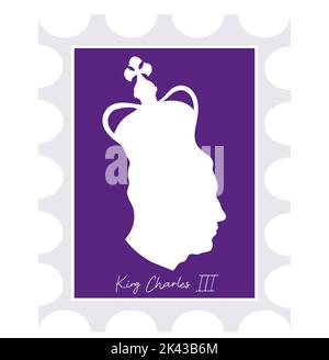 Briefmarke mit Silhouette von König Karl III. Britischer Monarch in Crown. Kopf Seitenansicht Profil Silhouette Prince of Wales. Vektorgrafik, l Stock Vektor