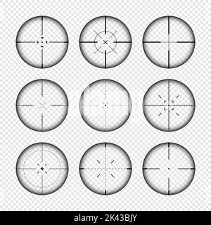 Verschiedene Waffenvisiere, Scharfschützengewehr optische Scopes. Jagdgewehr-Sucher mit Fadenkreuz. Ziel, schießen Marke Symbol. Militärisches Zielzeichen, Silhouette Stock Vektor