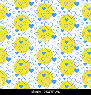 Nahtlose Vektor-Muster blaue Herzen auf gelb, ukrainische Farbe, Frieden Thema, Konzepte der Liebe, Optimismus, Frohe Kindheit Stock Vektor