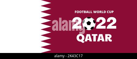 Fußball WM 2022 Katar Banner. Fußball-Weltmeisterschaft 2022 in Katar Vorlage mit Ball und Flagge auf weißem Hintergrund. Vektorgrafik i Stock Vektor