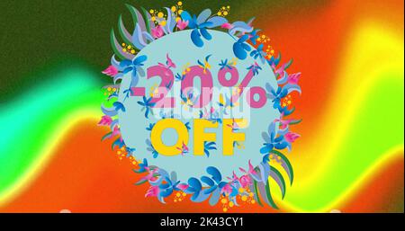 Bild von 20 Prozent Rabatt auf Text auf floralem Muster und leuchtendem Hintergrund. Verkauf, Einzelhandel, Speichern und Kommunikationskonzept digital generiertes Bild. Stockfoto