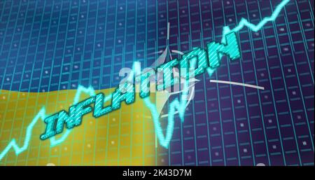 Bild des Inflationstextes und der Datenverarbeitung über Flaggen der ukraine und der nato Stockfoto