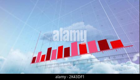 Bild der statistischen Datenverarbeitung über Wolken am blauen Himmel Stockfoto