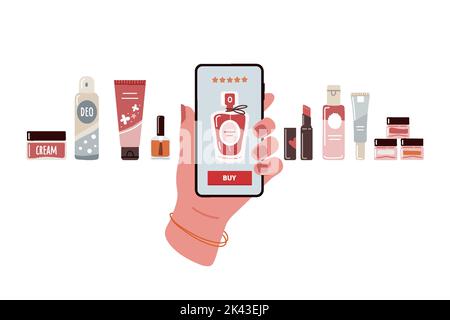 Kaufen Parfüm mit Telefon.Frau Hand hält Telefon mit Online-Kosmetik-Shop Stock Vektor