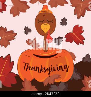 Türkei kommt aus einem Kürbis Happy Thanksgiving Day Vektor Stock Vektor