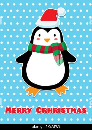 Frohe Weihnachtskarte. Pinguin in einem Hut und Schal...niedlich einfache flache Vektor..Illustration. Stock Vektor