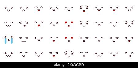 Emoji-Symbole mit schwarzer Linie gesetzt. Emoticon Umriss isoliertes Gesicht Symbol. Zeichen für Chat-Ausdruck. Nachricht lustige Design-Element. Fröhliches Symbol für Gesichtsemotion. Smile Comic Mood Person Web Piktogramm Sammlung Stock Vektor