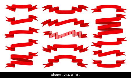 Rotes Band, flaches Set. Leeres Bandbanner für Werbeaktion, Verkaufstext, Überschrift, Titeldekoration, Abzeichen, Emblem, Rahmen. Gewellte Schriftbänder. Elegante Retro-Flagge, Hintergrund Streifen Stock Vektor