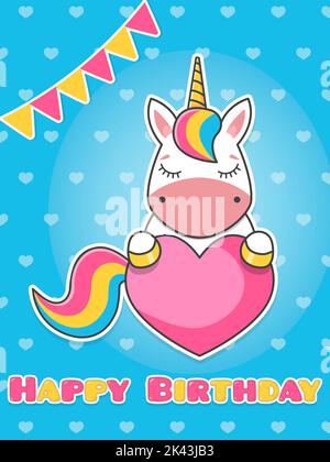 Grußkarte Alles Gute zum Geburtstag. Ein nettes Einhorn hält ein rosa Herz. Cartoon flache Vektor-Illustration. Stock Vektor