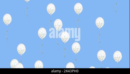 Bild von mehreren digitalen weiß gepunkteten Ballons Symbole schweben auf blauem Hintergrund. Globales Online-Social-Media-Konzept digital generiertes Bild. Stockfoto