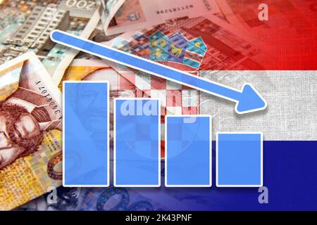 Wirtschaftsdiagramm - Abwärtspfeil, Kroatien Flagge und Kuna Cash Banknoten Stockfoto