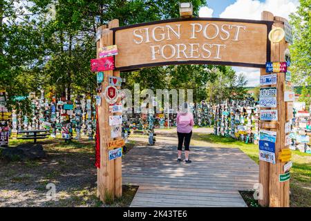 Reisende posten über 100.000 Schilder am Watson Lake Sign Post Forest; Watson Lake; Yukon Territories; Kanada Stockfoto