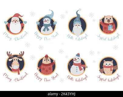 Weihnachten niedliche Charaktere Avatare in runden Rahmen mit Herzlichen Glückwunsch. Weihnachtsmann, Zwerg, Schneemann, Tiere in Strickkleidung. Isolierter Vektor-Carto Stock Vektor