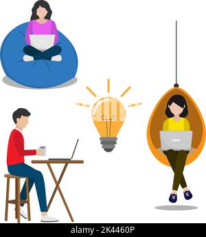 Freiberufliches Illustrationsdesign, das mit Laptops überall funktioniert und Freizeit und isolierten weißen Hintergrund genießt Stock Vektor