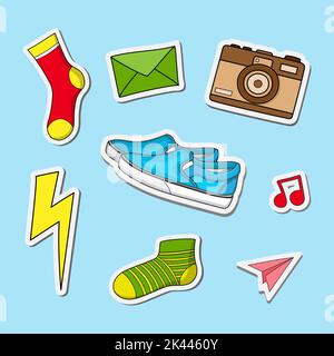 Niedliche Aufkleber für Kinder bunte Socken Schuhe und Kamera-Set in Doodle Stil Illustration Design Stock Vektor