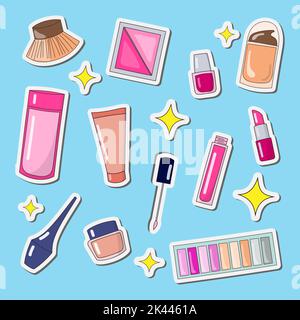 Niedliche Aufkleber Make-up-Tools und Kosmetik für Schönheit Design Illustration Doodle Stil Stock Vektor
