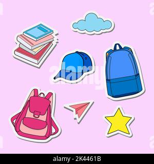Niedliche Aufkleber Buch Tasche Hut und Schuhe Thema zurück zur Schule set Illustration Design Stock Vektor