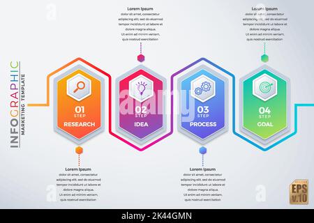 Infografik Vektor Business Marketing Design Sechseck Symbole bunte Vorlage. 4 Optionen minimal isoliert auf weißem Hintergrund. Sie können für Marketi verwendet werden Stock Vektor