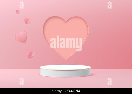 Realistischer Podium weißen 3D Zylinder Sockel mit rosa Herz peper Schnitt Form Hintergrund. Valentine minimale Szene für Produkte Schaufenster, Promotion displ Stock Vektor