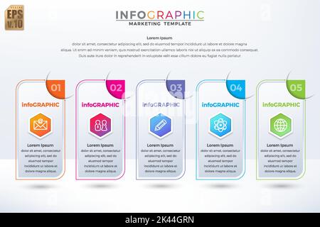 Infografik Vektor Business Marketing Design Sechseck Symbole bunte Vorlage. 5 Optionen Minimaler Stil in der runden Ecke. Sie können für Marketingproc Stock Vektor