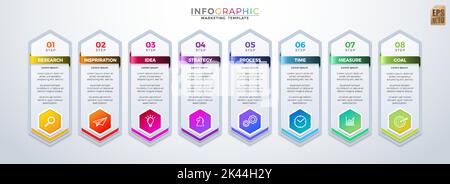 Infografik Vektor Business Design Sechseck Symbole bunte Vorlage. 8 Optionen und Streifen in minimalistischem Stil. Sie können für Marketing-Prozess verwendet werden, workfl Stock Vektor
