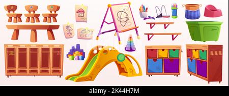 Kindergarten Innenausstattung und Spielzeug, Satz von Spielzimmer Artikel. Holzmöbel, Tische, Stühle, Schließfächer und Boxen für Spielzeug, Kunststoffrutsche, Brett, c Stock Vektor