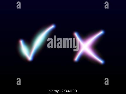 Neon leuchtet ja und keine Checkmarks. Glänzende Check- und Kreuzschilder. Stimmen Sie die leuchtenden Symbole ab, und lehnen Sie sie ab. X- und V-Embleme. Stock Vektor