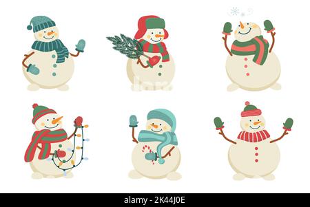 Set von niedlichen Weihnachten Schneemänner in Hüten und Tücher. Sammlung von lustigen Charakteren. Isolierte flache Vektorgrafik Stock Vektor