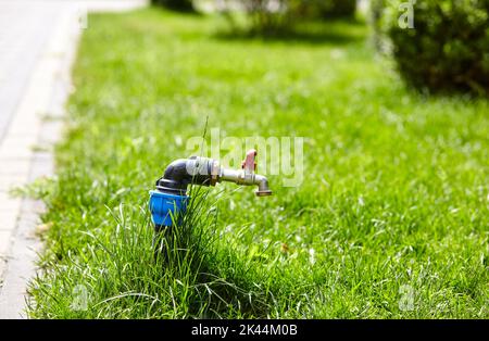 Wasserhahn in einem Park, um den Wasserschlauch darauf einzustellen, um das grüne Gras im öffentlichen Park zu hydratisieren. Chrom Wasserhahn in Natur Hintergrund Stockfoto