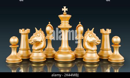 Goldene Schachfiguren auf dunklem Hintergrund, 3D Rendering Stockfoto