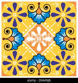 Mexikanisches talavera-Stil Keramik Single Fliese Vektor nahtloses Muster mit Blumen und Schrillen, Textil- oder Stoffdruck-Design Stock Vektor