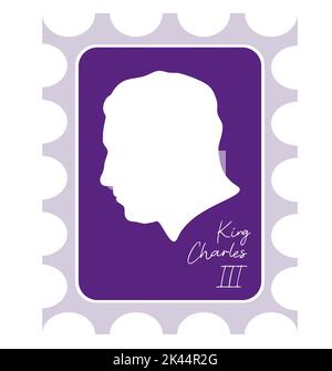 Britischer Monarch. Briefmarke mit Silhouette von König Karl III. Kopf Seitenansicht Profil Silhouette Prince of Wales. Vektorgrafik Stock Vektor