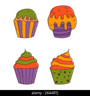 Niedliche halloween Cupcakes. Halloween-Elemente. Trick or Treat-Konzept. Vektorgrafik im handgezeichneten Stil. Stock Vektor